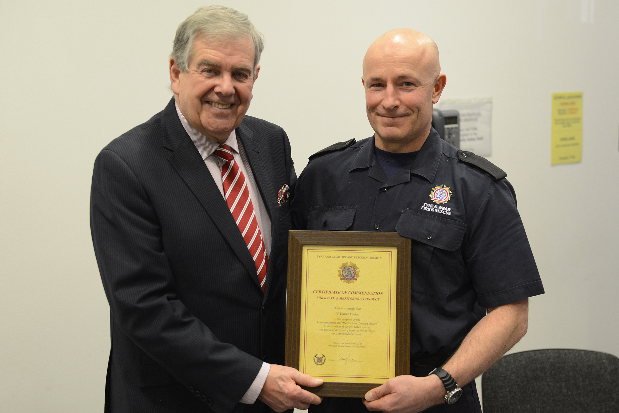 TWFRA Chair Barry Curran presenting FF Darren Fenton with his CFO Commendation
