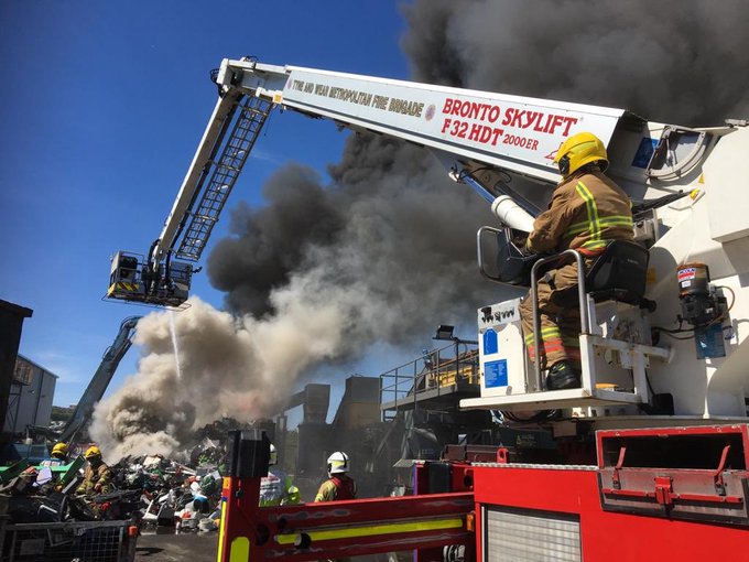 An aerial ladder platform in use at a fire in Felling during May 2020
