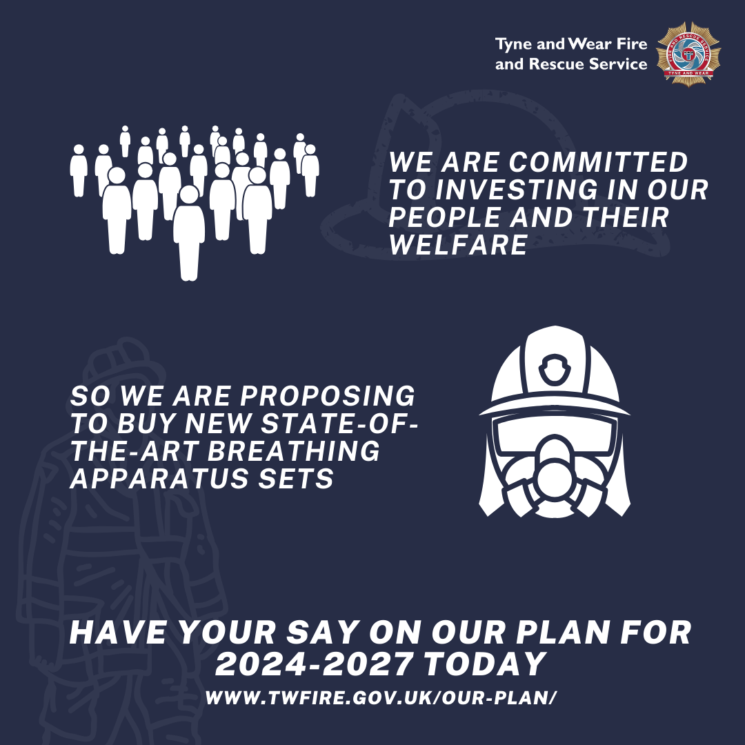 Image of a crowd of people alongside the text "we are committed to investing in our people and their welfare". Below is an image of a firefighter in BA witht he text so we are proposing to buy new state-of-the-art breathing apparatus sets