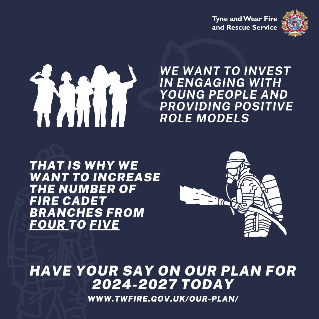 Image of a group of children alongside text saying we want to invest in engaging with young people and providing positive role models. Below that is an image of a firefighter with a hose and the text that is why we want to increase the number of fire cadet branches from four to five