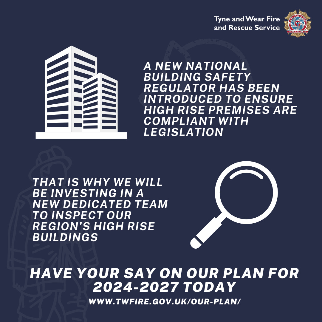 An image of a high rise building alongside the text a new national building safety regulator has been introduced to ensure high rise premises are compliant with legislation. Below that is an image of a magnifying glass and the text that is why we will be investing in a new dedicated team to inspect our region’s high rise buildings